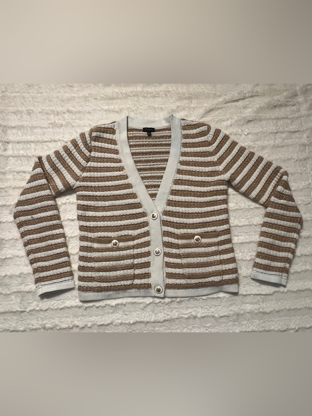 Talbot’s Gold & Cream Striped Cardigan Sweater With Decorative Buttons, Small